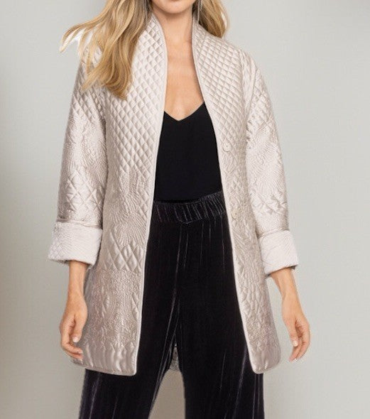 Johnny Was XL Ivory Quilted Jacket Dressy Field Coat Belted Button Up Johnny Was