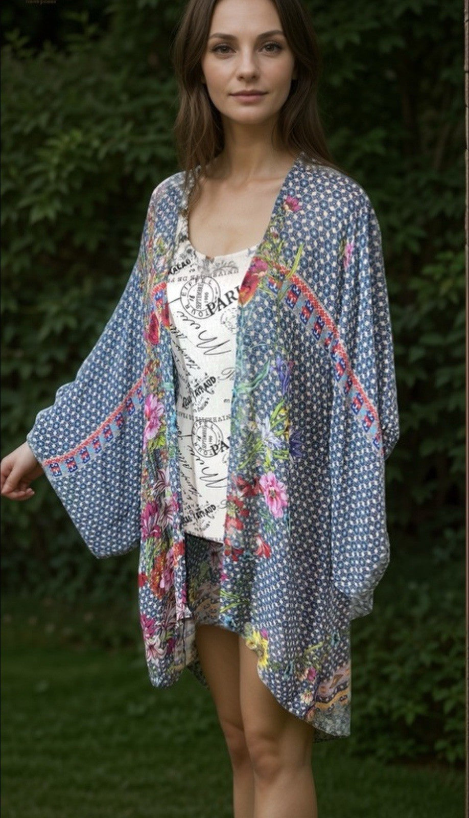 Johnny Was XL 1X 100% Silk Navy Floral Kimono Wrap Cover Up Top Blouse Cool BOHO Johnny Was