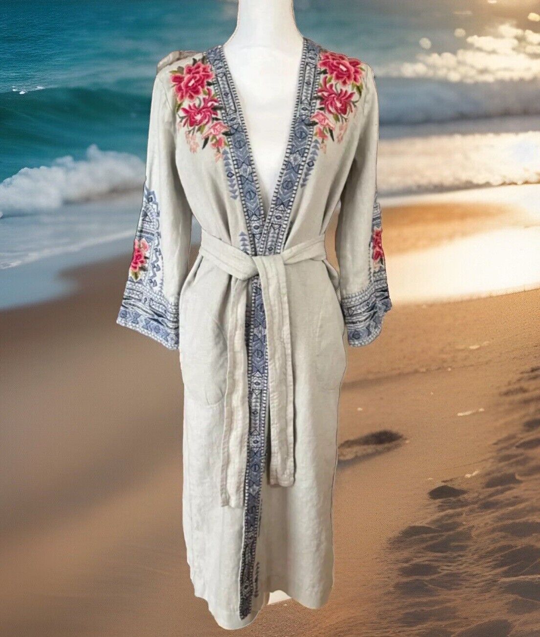 Johnny Was Grey XL Long Kimono Duster Coat Embroidery Linen MISSING BELT