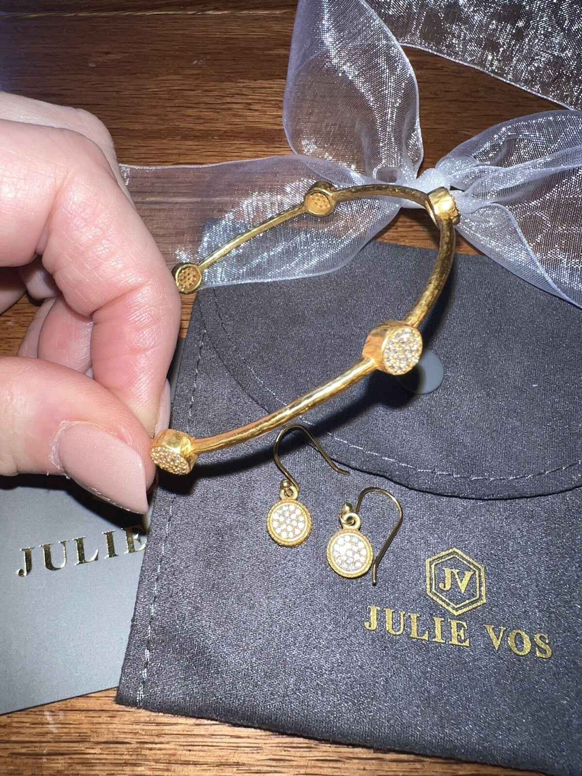 3pc Set Julie Vos Pave Earrings & CZ Stations Bracelet Bangle Sz Large Julie Vos