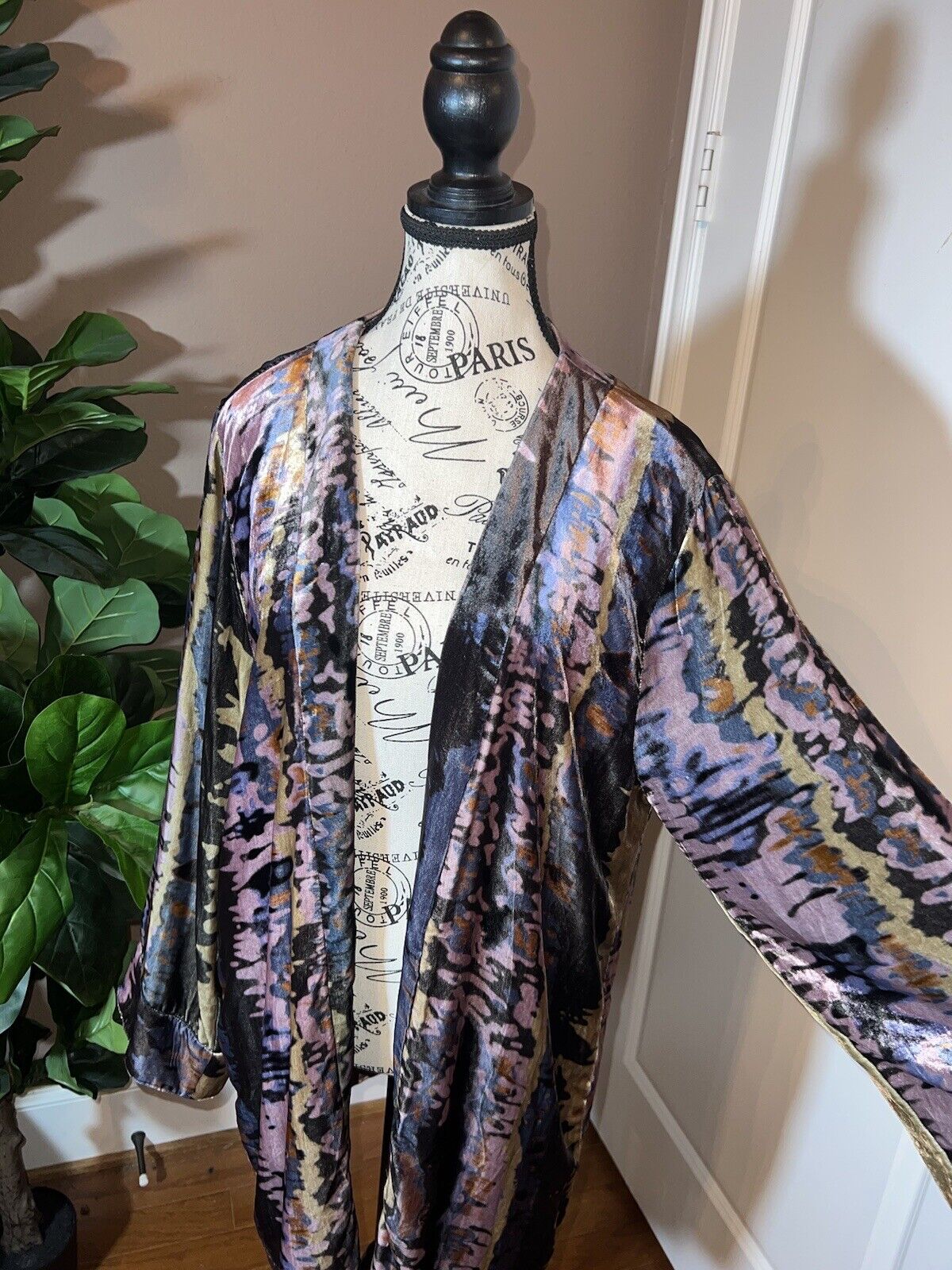 Johnny Was Velvet Silk Lined Kimono Wrap Sz L Large Purple Blue Gold Watercolors