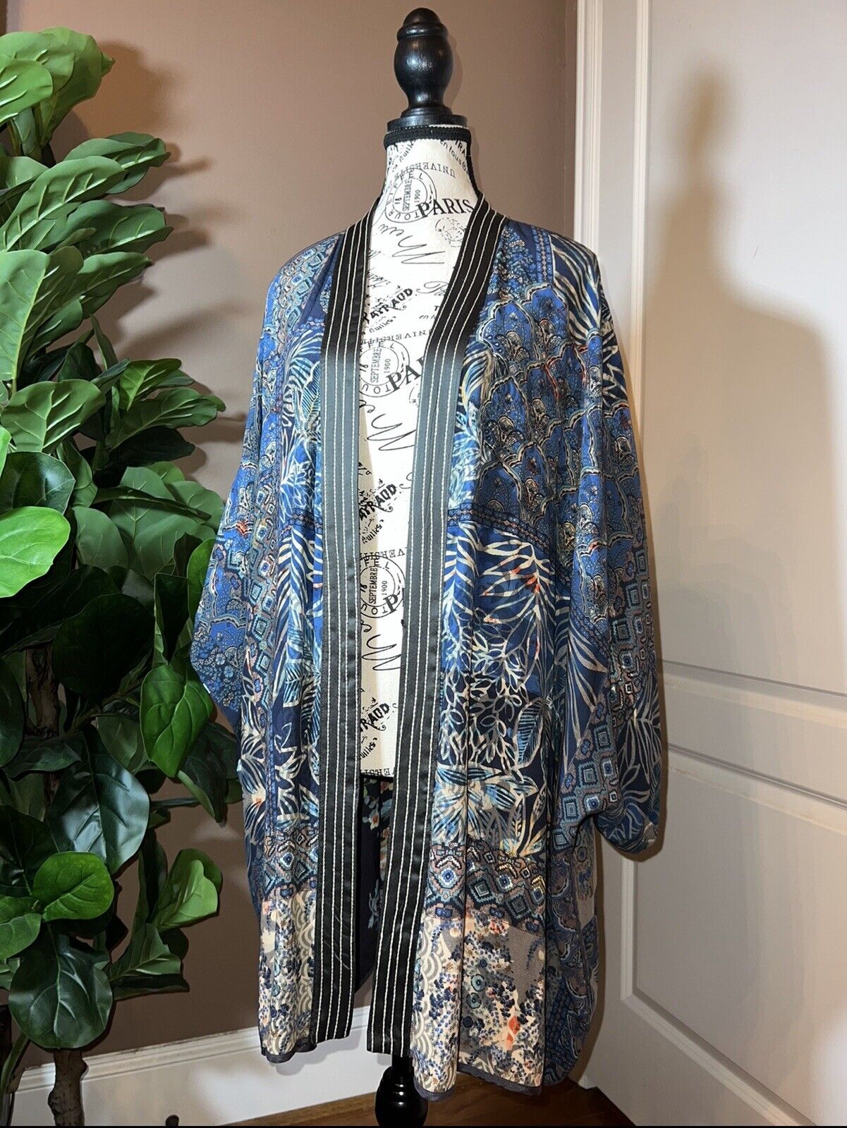 Johnny Was XXL Kimono Duster REVERSIBLE Wrap Cardigan Jacket Dragon Blues