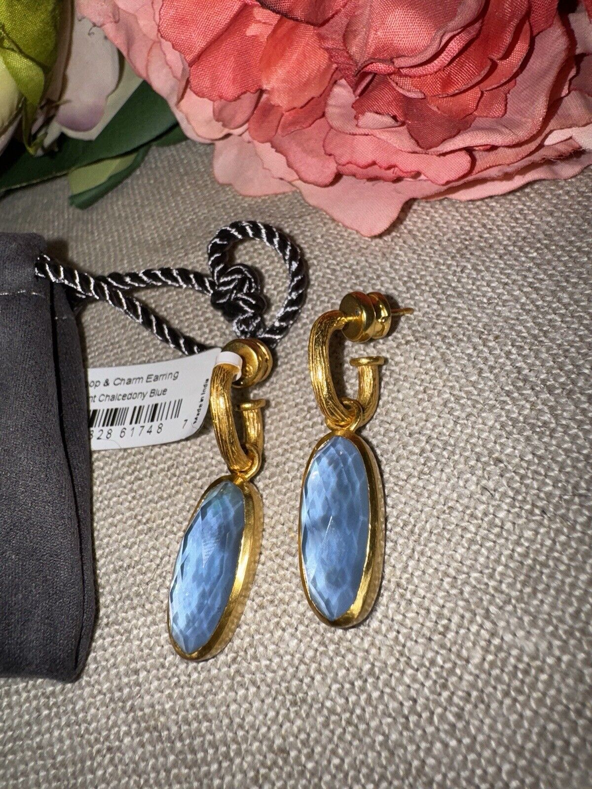 Julie Vos Chalcedony Blue & 24k Gold Plated Hoop Charm Earrings CLASSIC