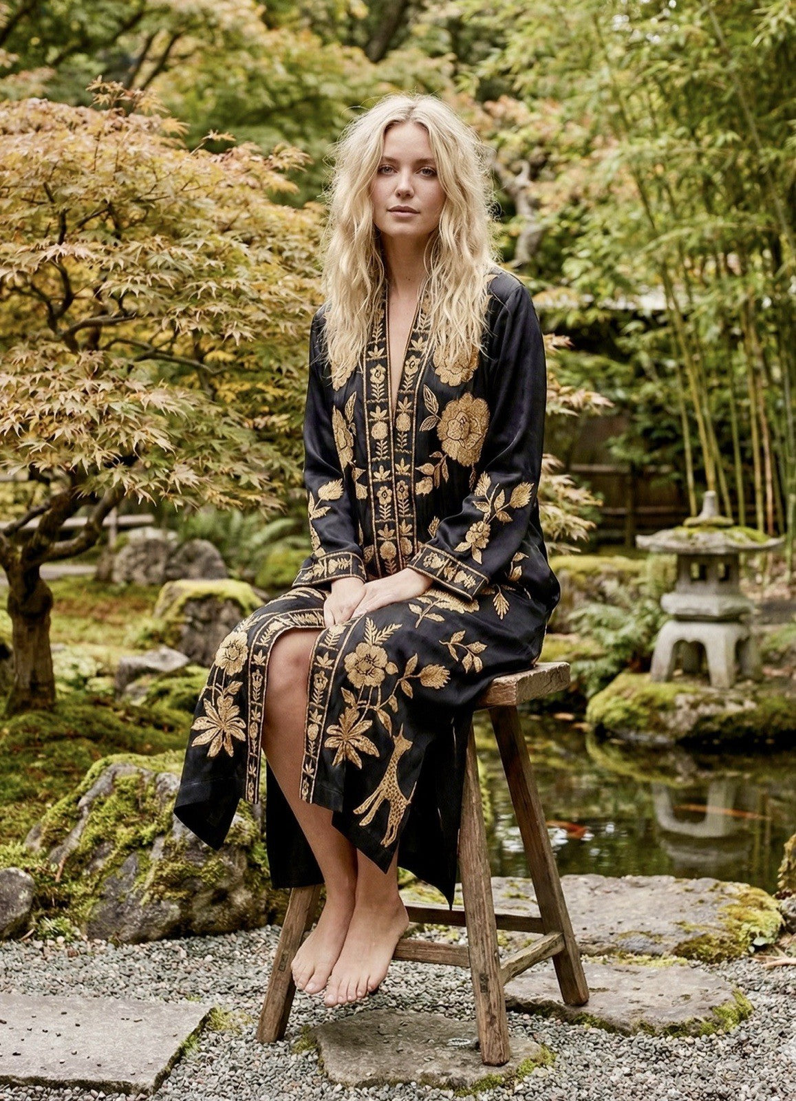 Johnny Was L Black & Gold Long Kimono Duster Embroidered Jacket Coat Wrap - Boho Beauty Boutique