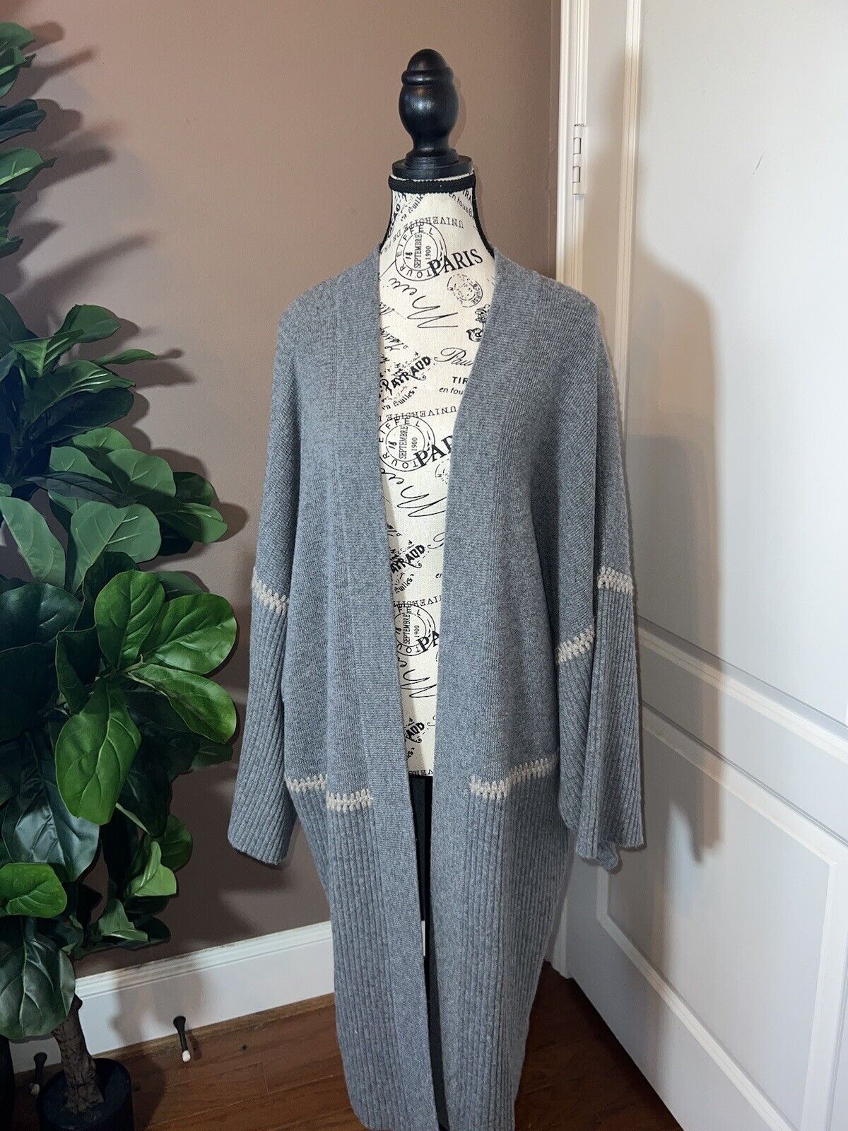 Johnny Was Soft Grey Cashmere Long Kimono Cardigan Wrap Duster L Large