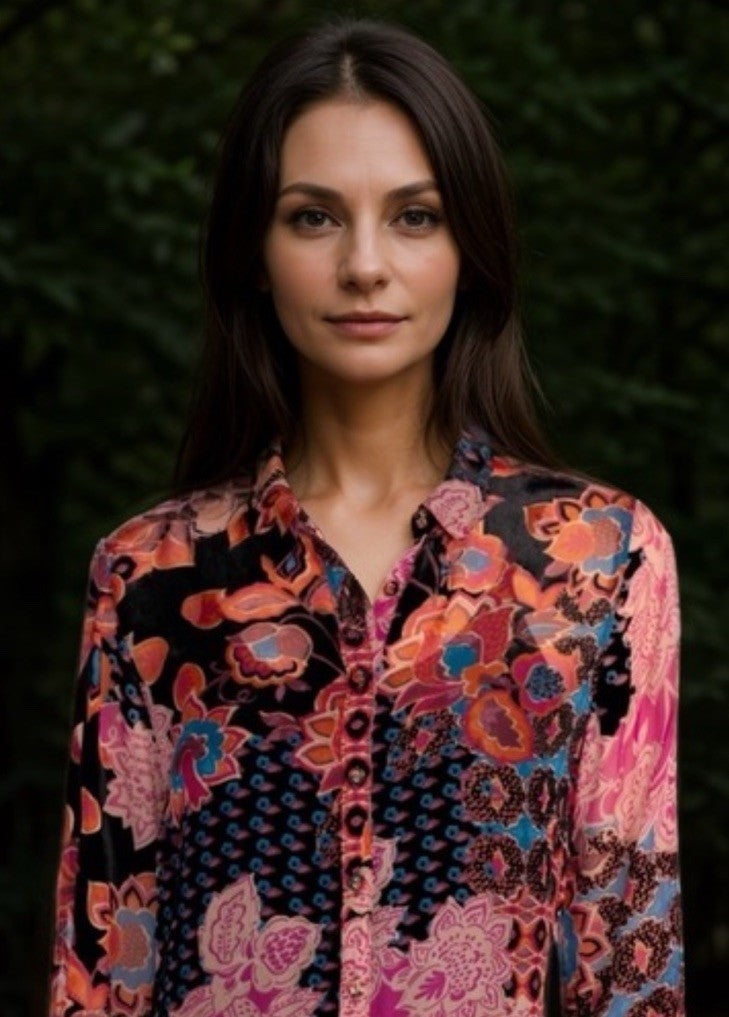 Johnny Was XXL Burnout Silk & Velvet Blouse Pink & Red Button Up Tunic Top BOHO Johnny Was