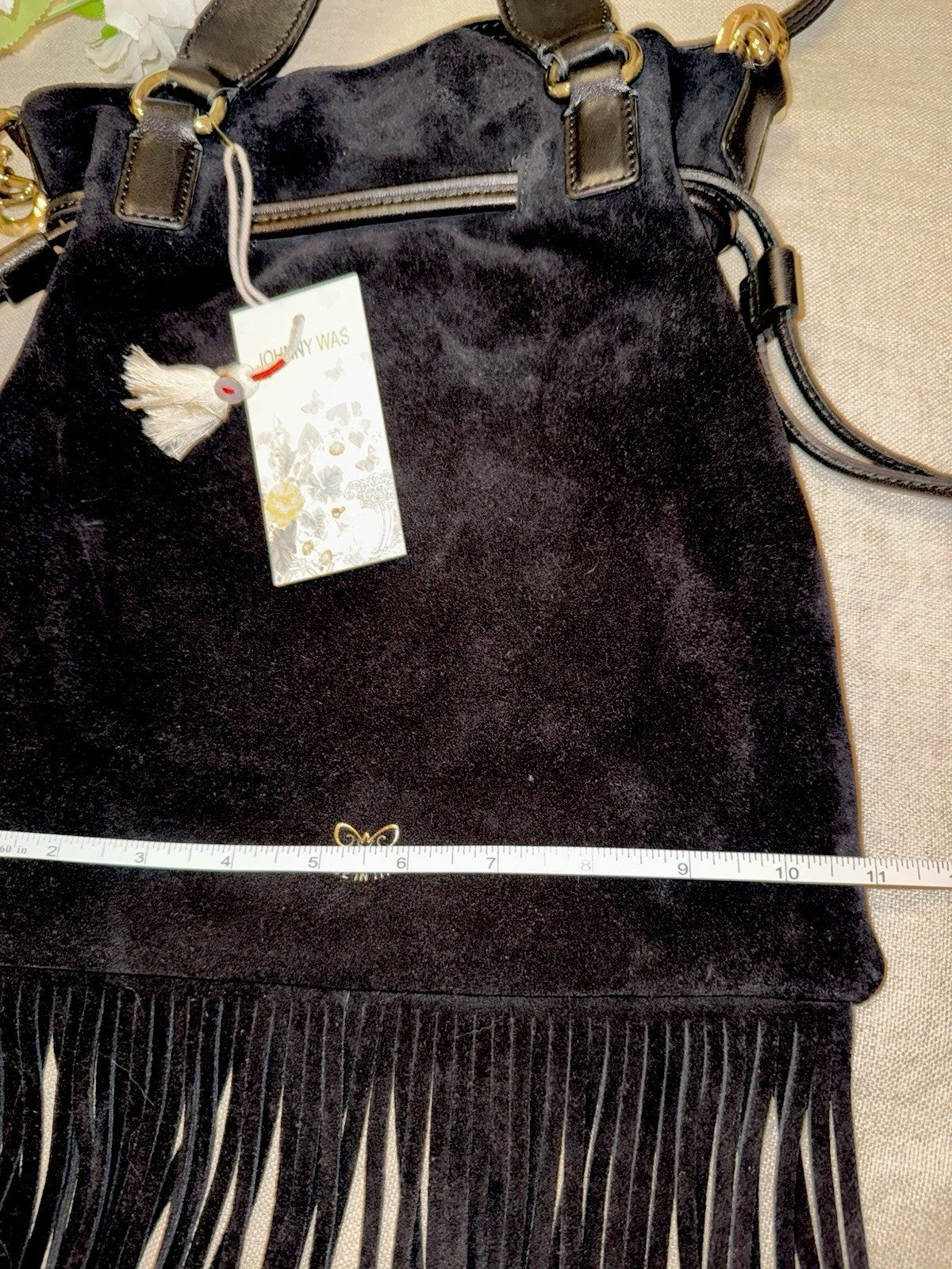 Johnny Was Black Suede Leather Crossbody Bag Purse Tote Hobo Tassels Johnny Was