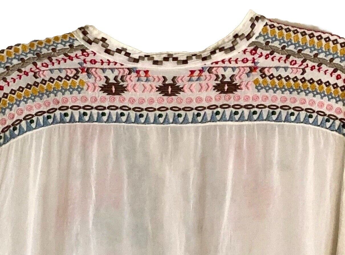 Johnny Was Silky White Embroidered Peasant Blouse Top Tunic XL SUMMER