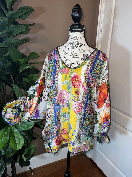 Johnny Was 100% Silk Tunic Top Embroidered Hem Butterfly L Large Floral