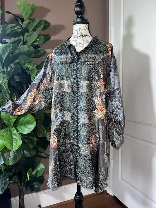 100% Silk Johnny Was Black Tunic Top Or Mini Dress XXL 2X 2XL Button Up