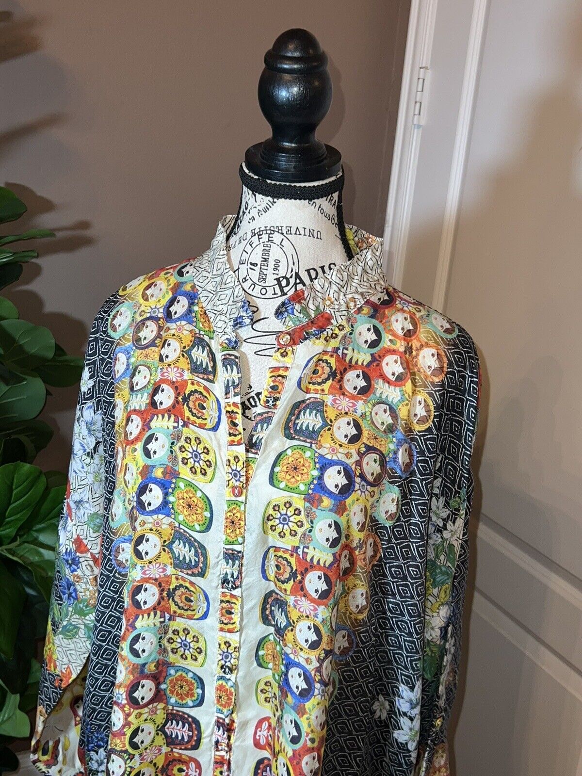 Johnny Was Nesting Dolls 100% Silk Blouse Top Tunic L  Large OVERSIZED