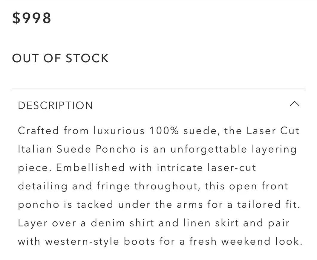 Johnny Was S/M Black Suede Leather Poncho Laser Cut Kimono Wrap $998 Retail Johnny Was