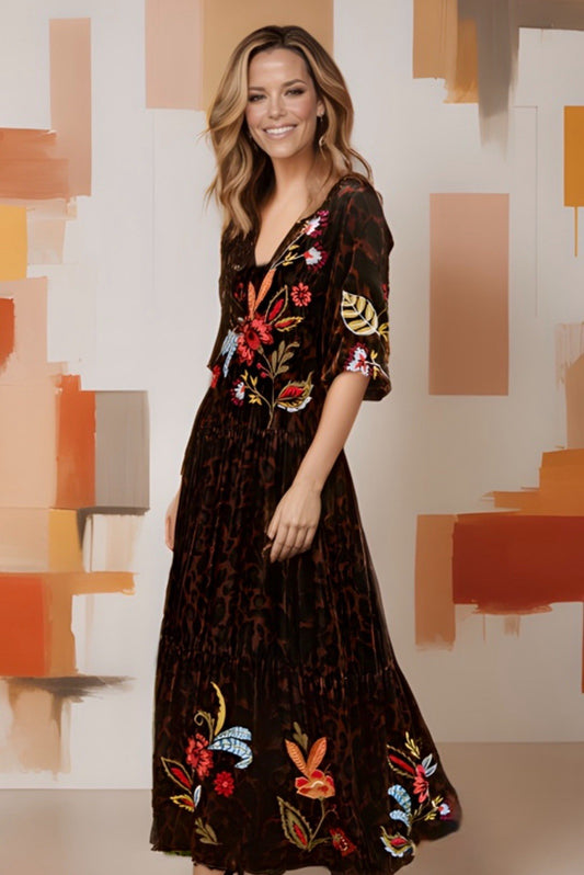 Johnny Was L Leopard Print Velvet Maxi Dress Tiered Embroidered Animal $445 Johnny Was