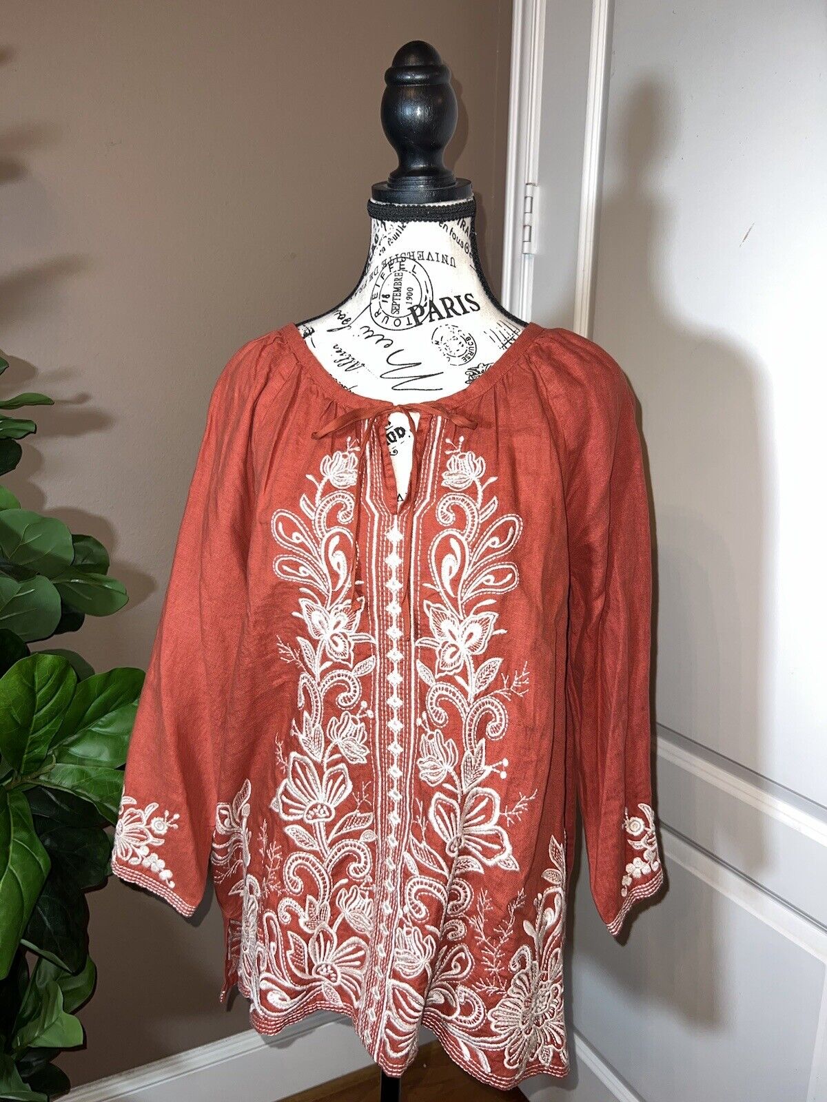 Johnny Was L Large Linen Kimono Sleeve Peasant Top Floral Embroidered