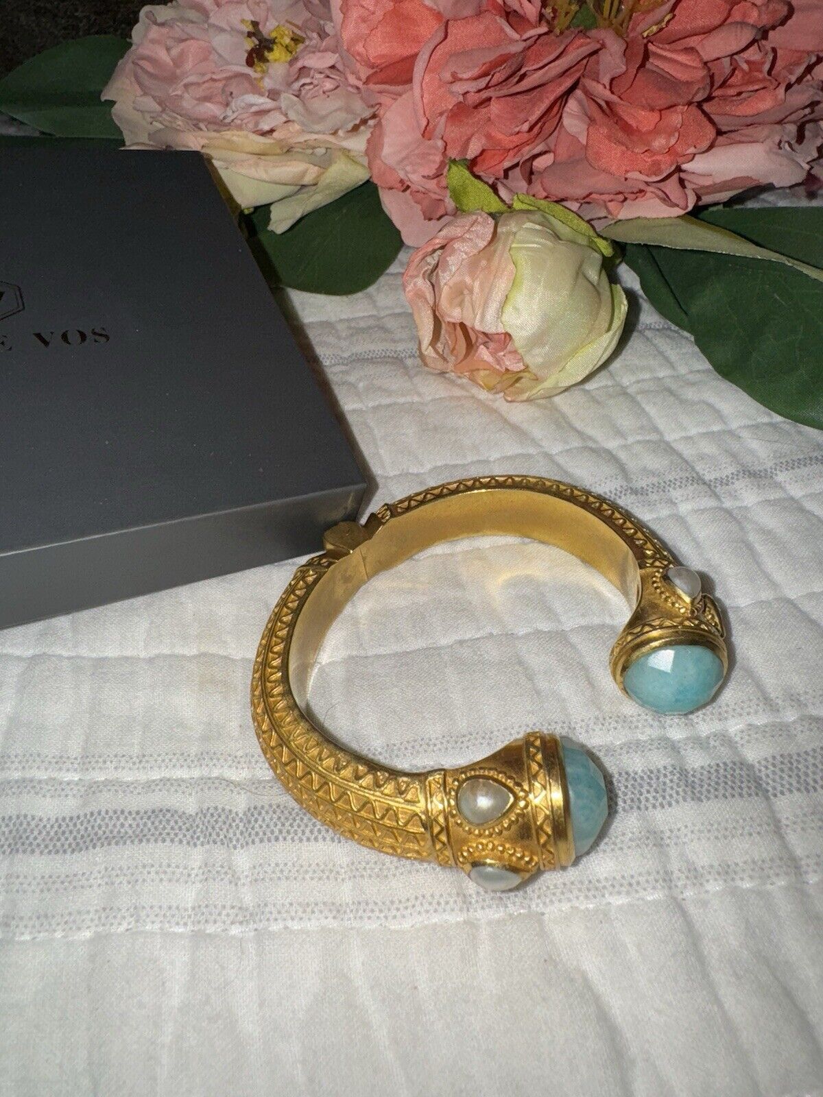 RETIRED Julie Vos Turquoise & Pearl Hinged Bangle Cuff Bracelet 24k Gold Plated