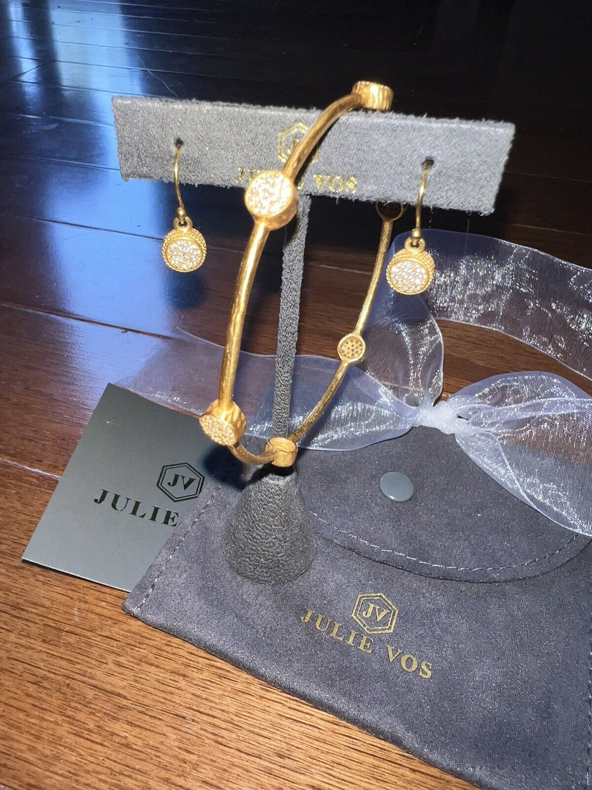 NEW 3pc Julie Vos Pave Earrings & CZ Stations Bracelet Bangle Sz Large NWOT