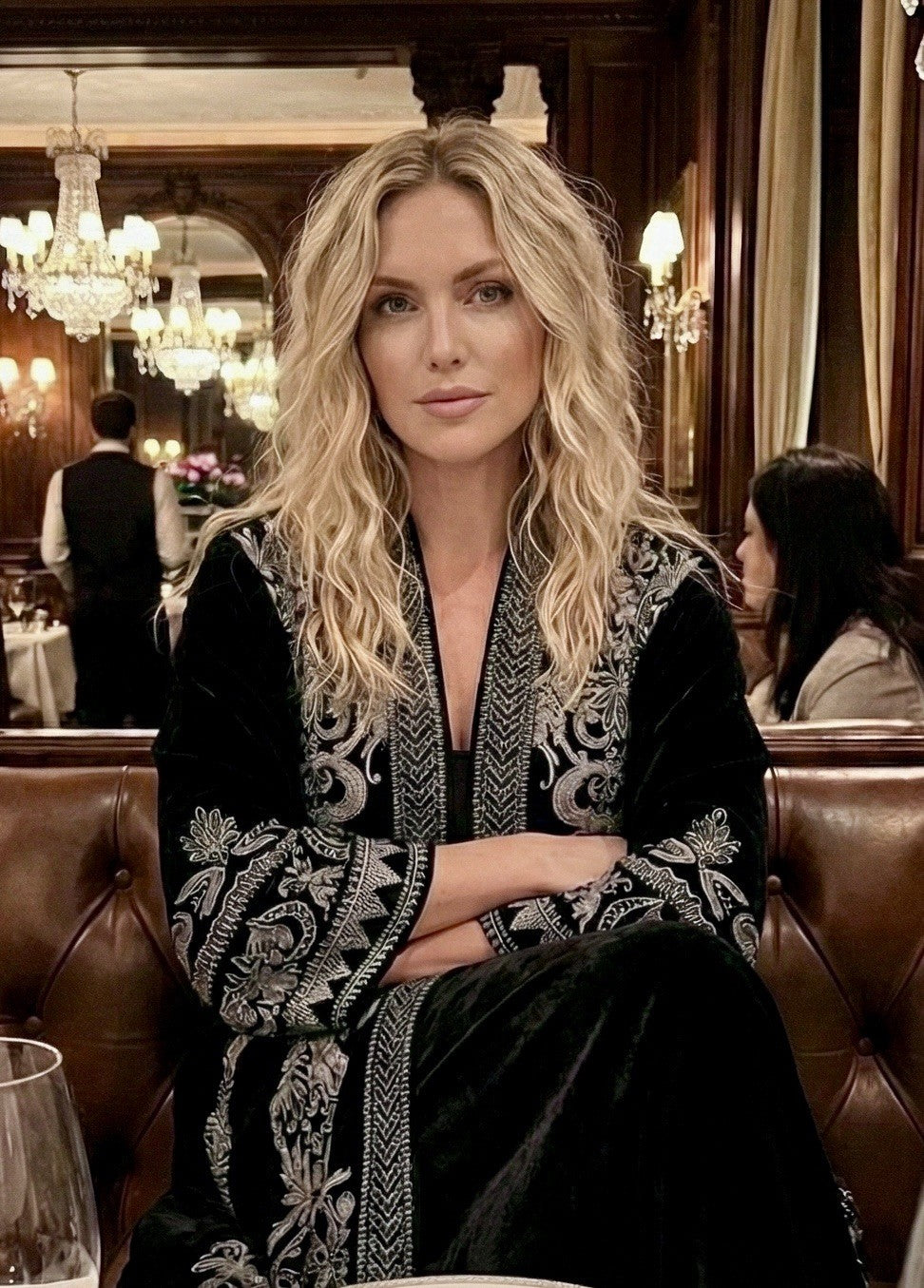 Johnny Was XL Black Velvet Kimono Duster  Cardigan Embroidery Handkerchief Hem Johnny Was