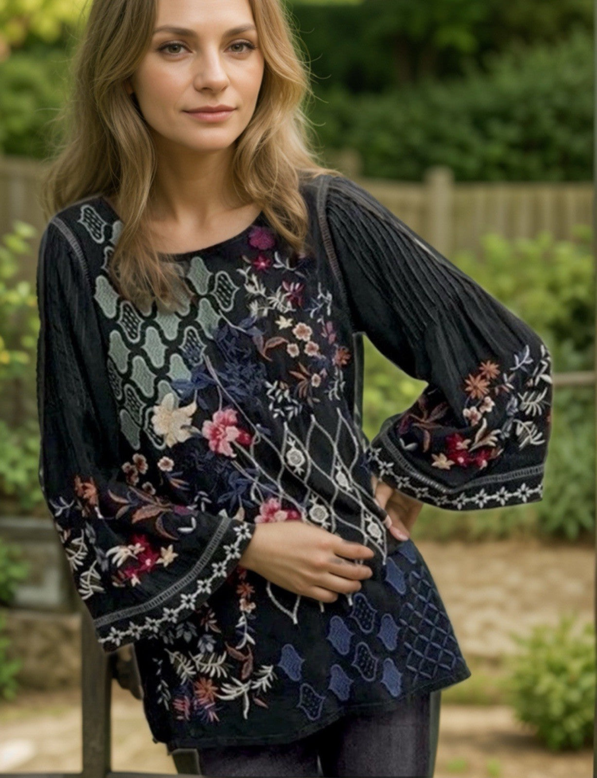 Johnny Was L Black Embroidered Blouse Tunic Top Mini Dress Kimono Sleeve Shirt Johnny Was