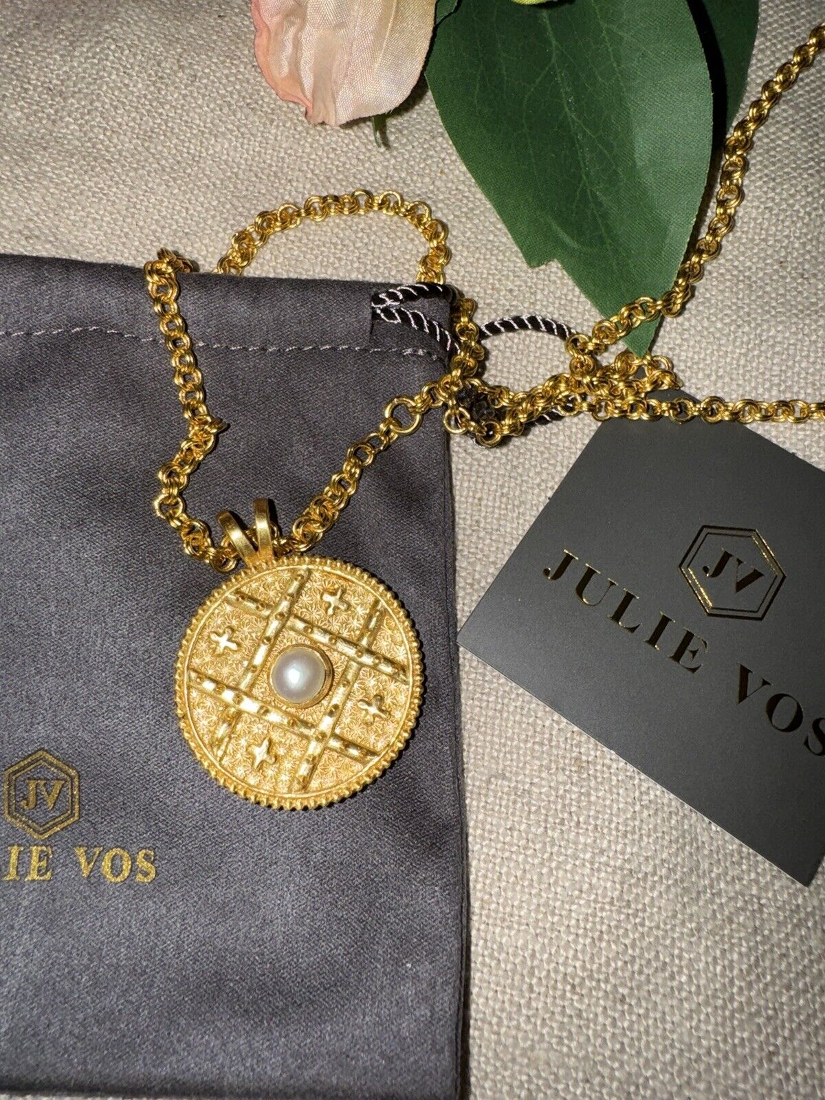 Julie Vos Coin Medallion REVERSIBLE PEARL Pendant Long Link Necklace RETIRED