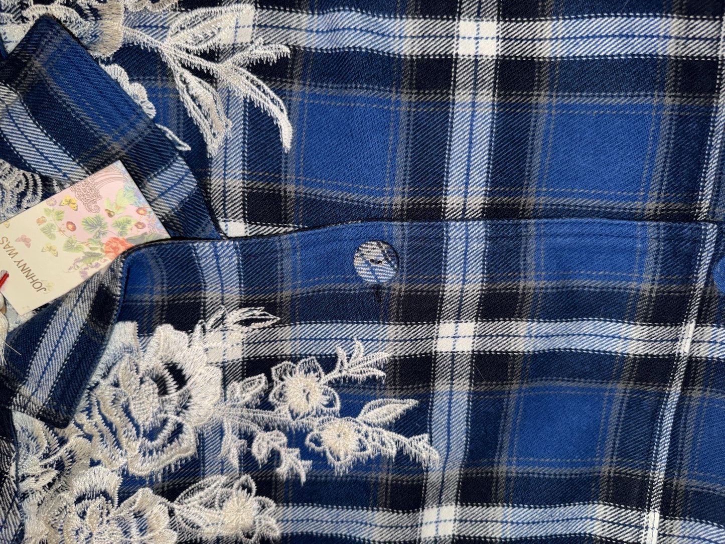 Johnny Was L Large Blue Plaid Trench Coat Jacket MIDI Embroidered Dragon Johnny Was