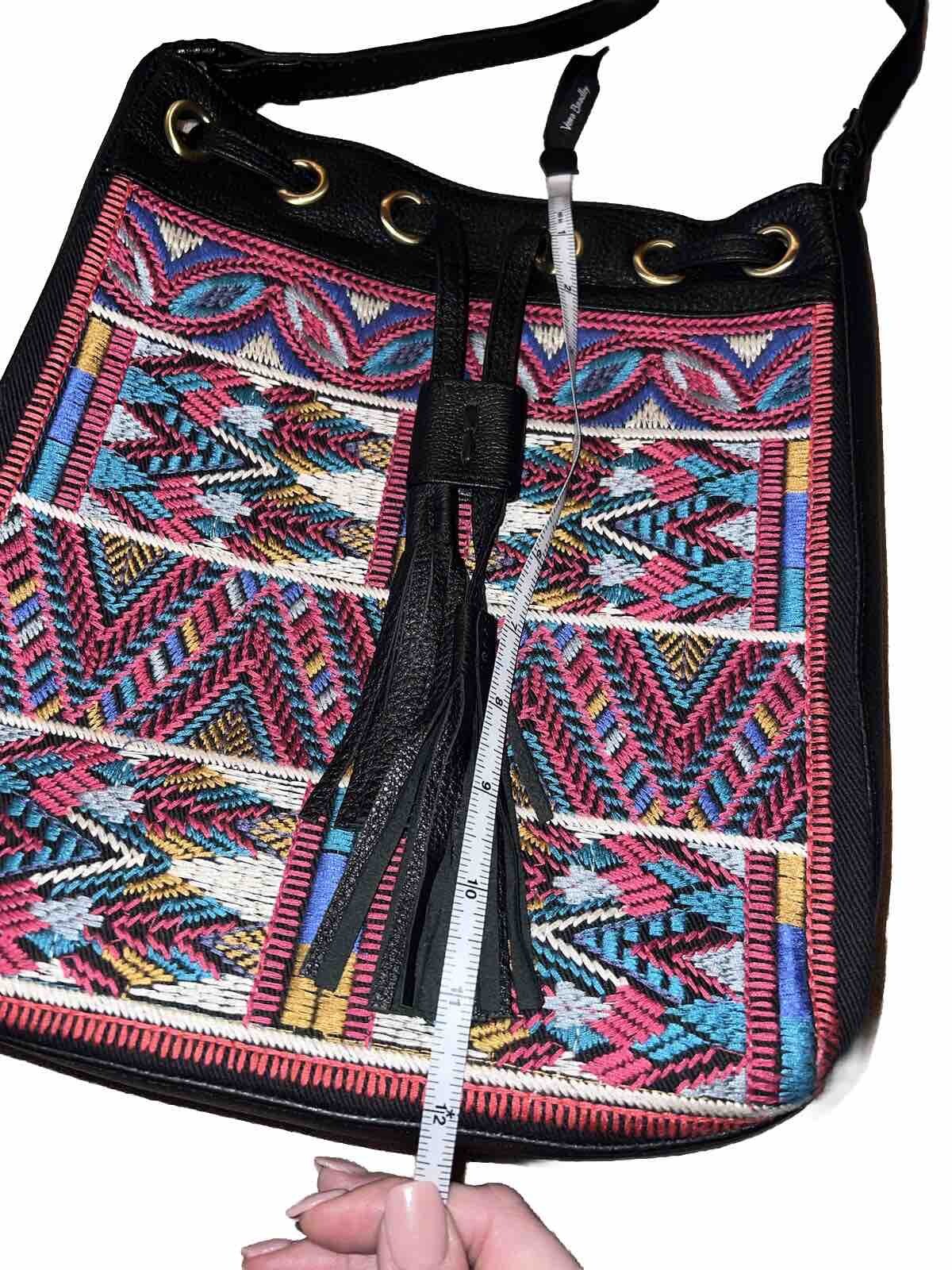 Johnny Was Black Leather Tote Bag Purse Crossbody Beautiful Embroidery Johnny Was