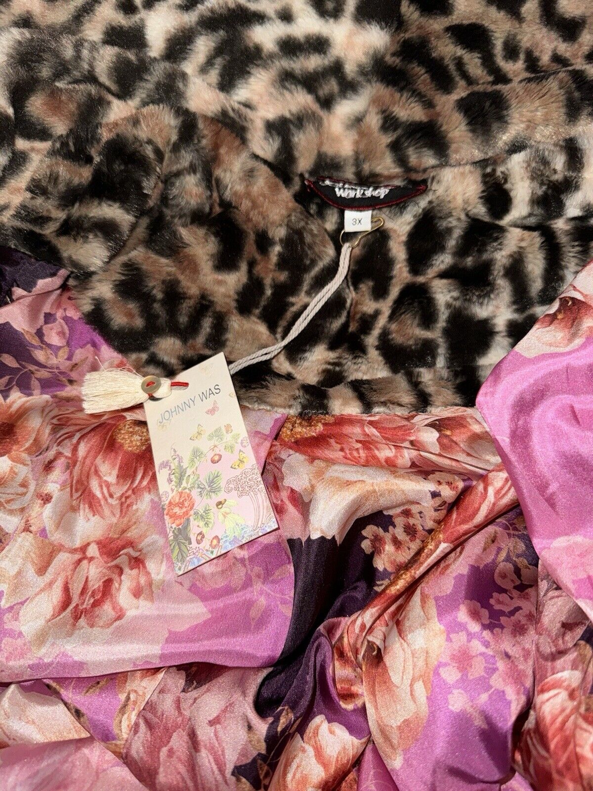 Johnny Was 3X 3XL Faux Fur & Silk Coat Leopard Print Long Length Jacket Wrap