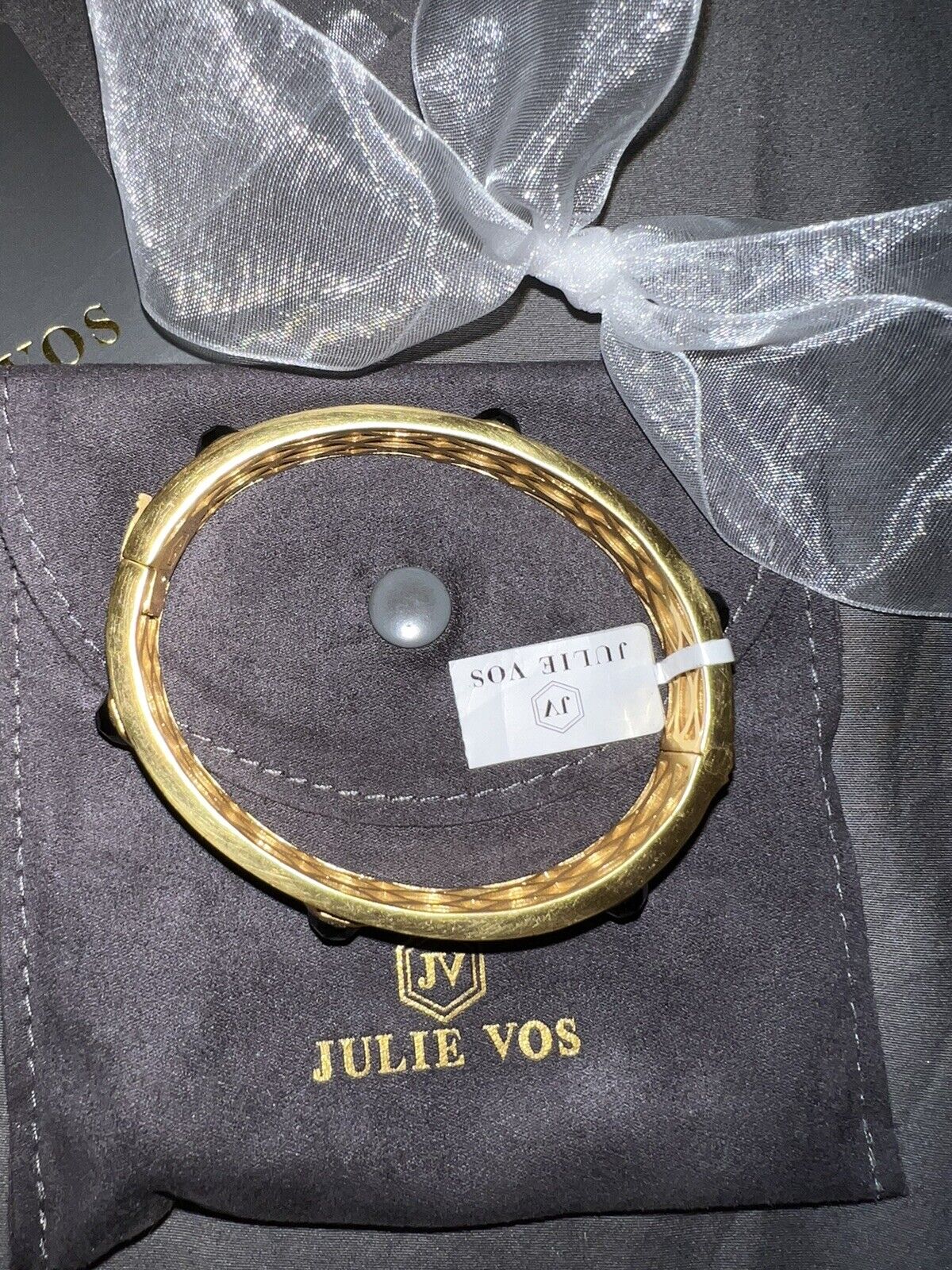 NEW Julie Vos Obsidian Hinged Bangle Bracelet Hexagonal Stones And 24k Gold NWT