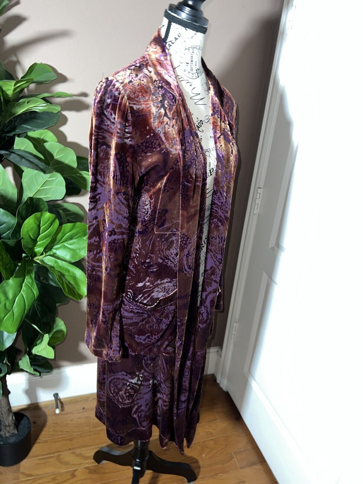 Johnny Was Large Burnout Velvet Long Kimono Duster Wrap Burgundy Wine Jacket