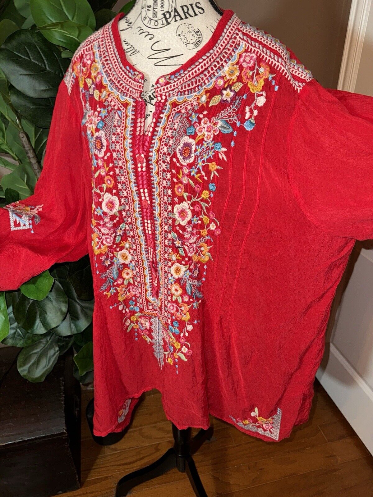 Johnny Was 3x 3XL Tunic Top Red Silky Handkerchief Hem Peasant Blouse