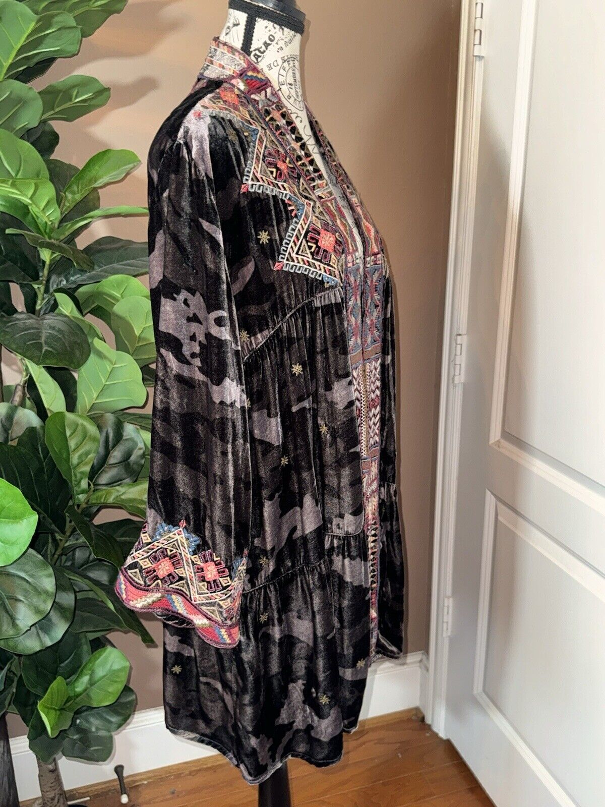 Johnny Was L Velvet Long Kimono Duster Embroidered Wrap Cardigan Jacket