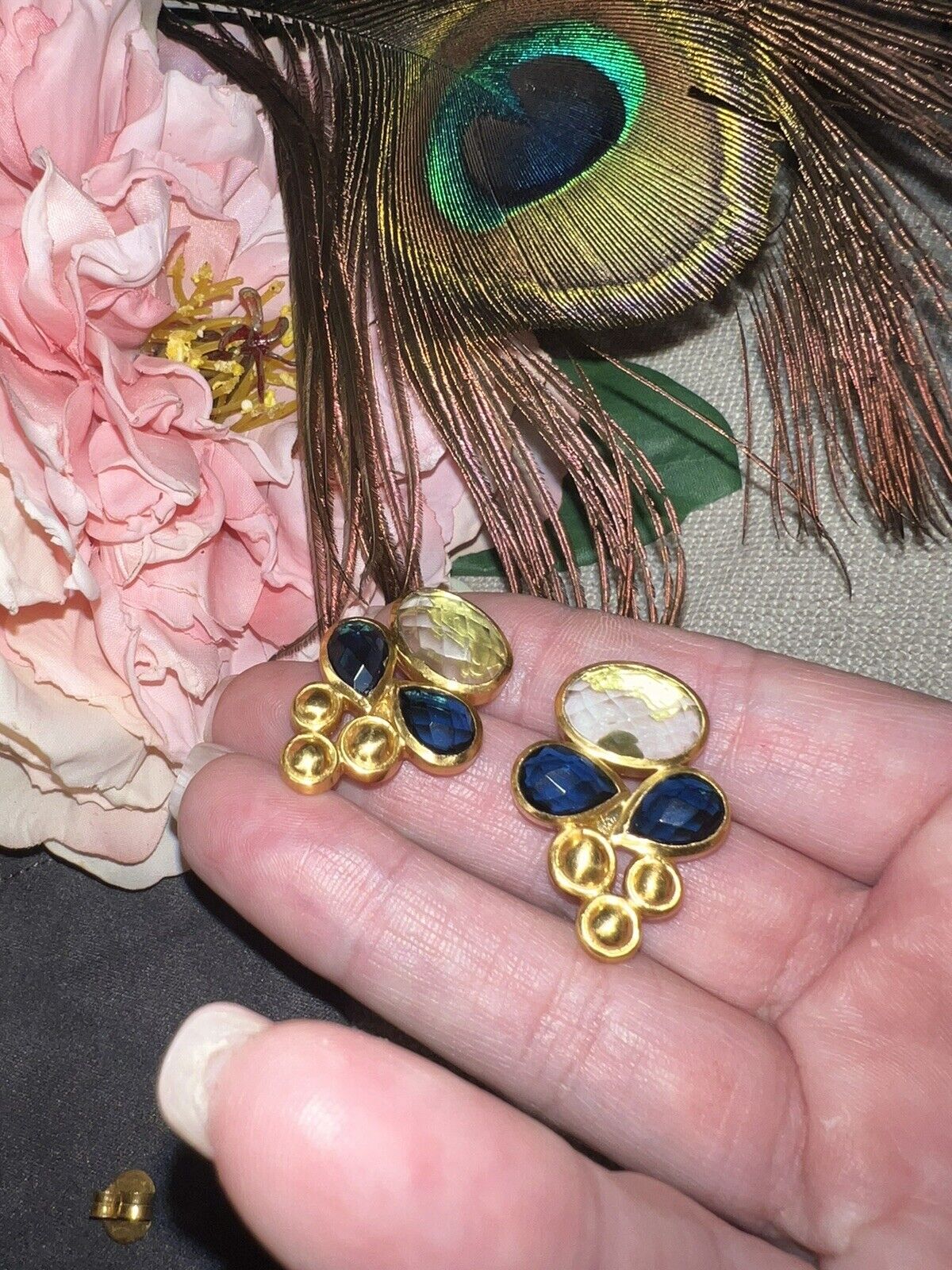 Vintage Julie Vos Statement Earrings Deep Blue & Peridot Green 24k Gold Plated