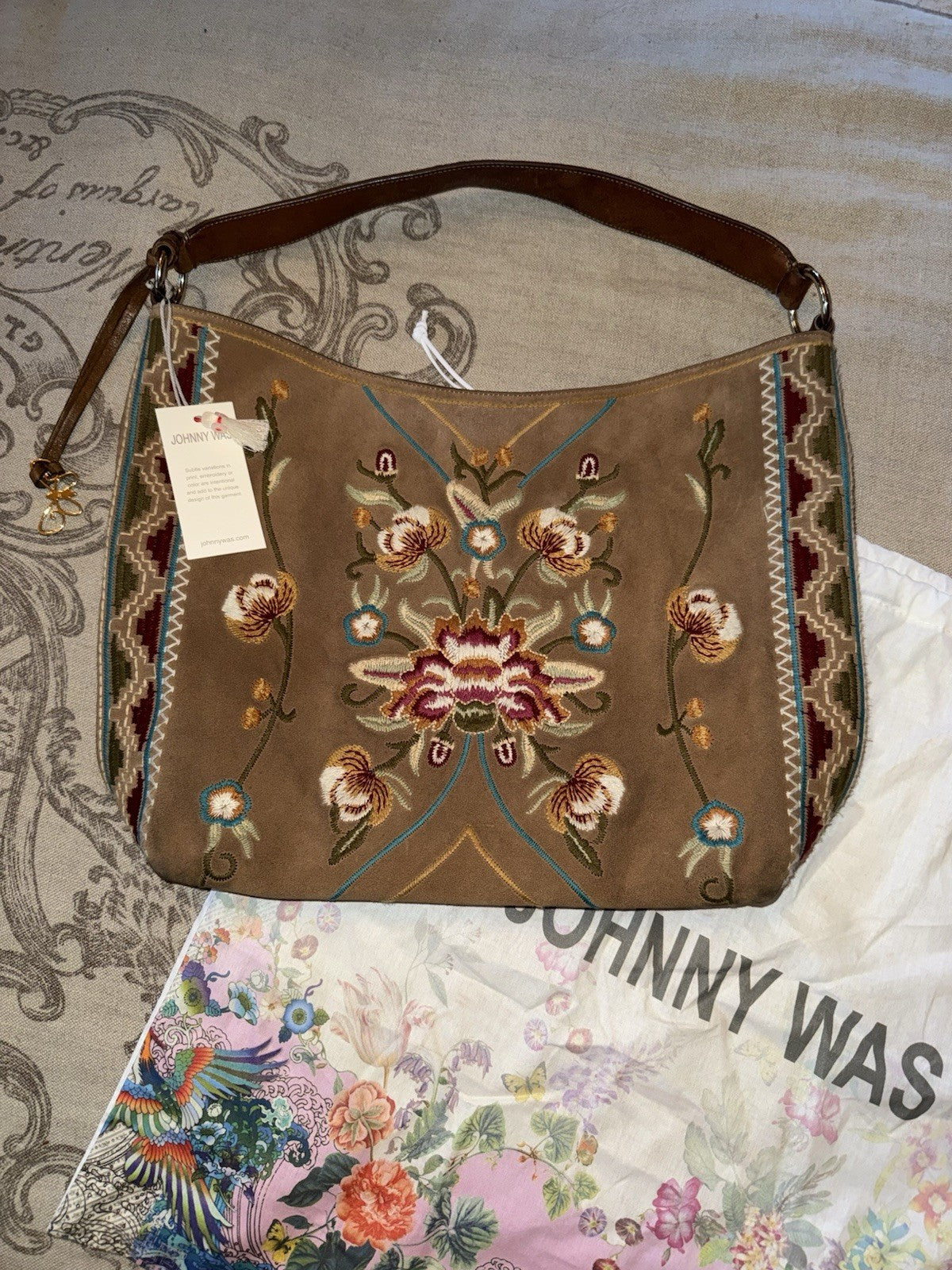 Johnny Was Brown Suede & Leather Bag Purse Tote Hobo Embroidered   *READ* Johnny Was