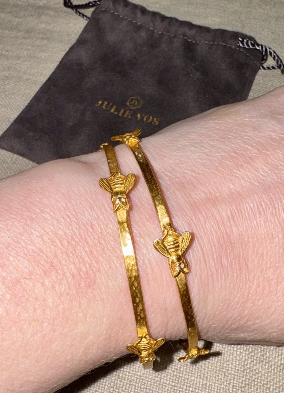 Julie Vos 2 Pc Bee Bangle Bracelets Clear Crystal Embellished 24k Gold Plate Julie Vos