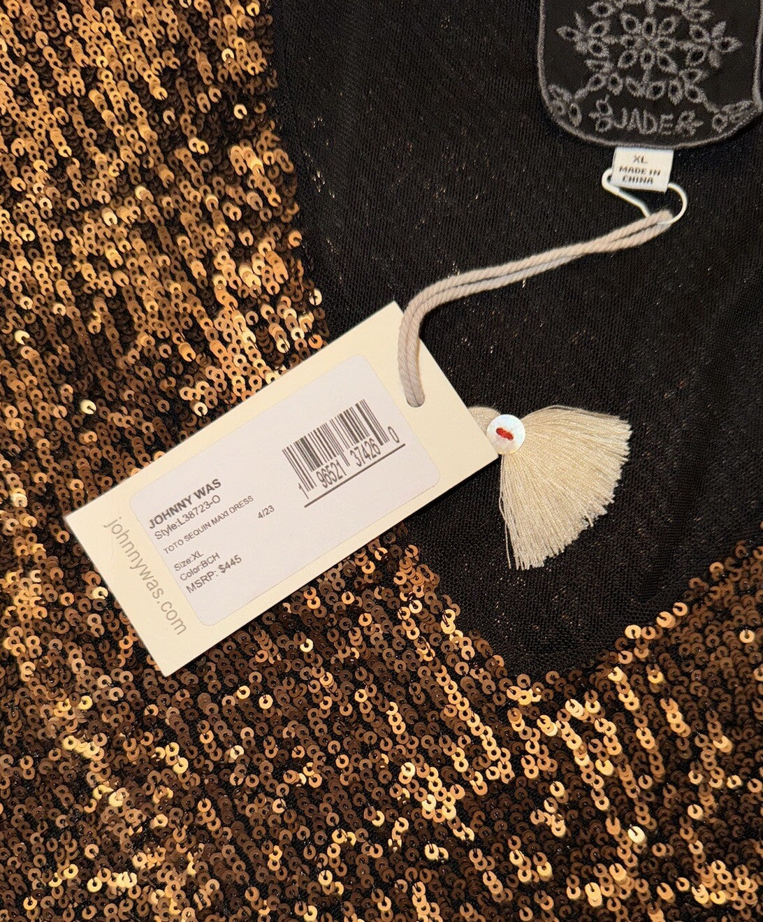 Johnny Was Gold XL Sequin Maxi Dress Long Flowy Mesh Slip Sequins Party Johnny Was