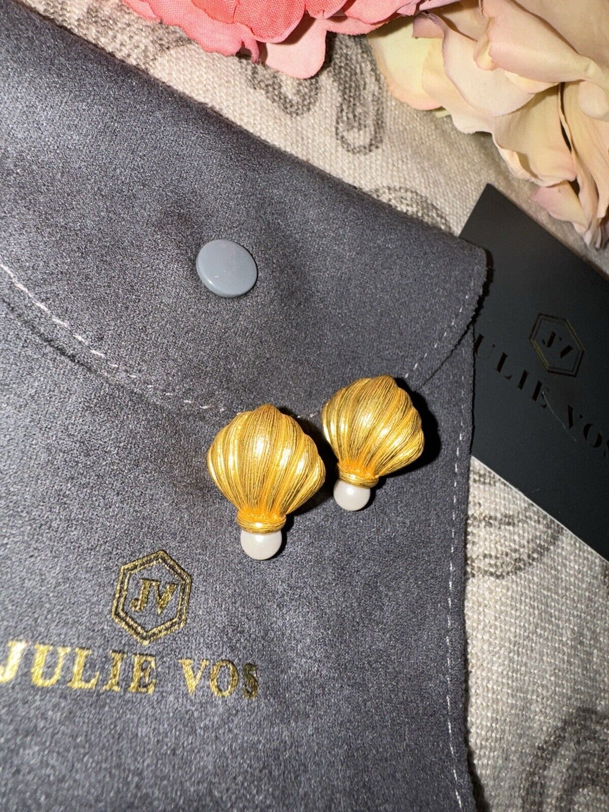 Julie Vos Pearl & 24k Gold Plated Shell Crest Stud Earrings RETIRED