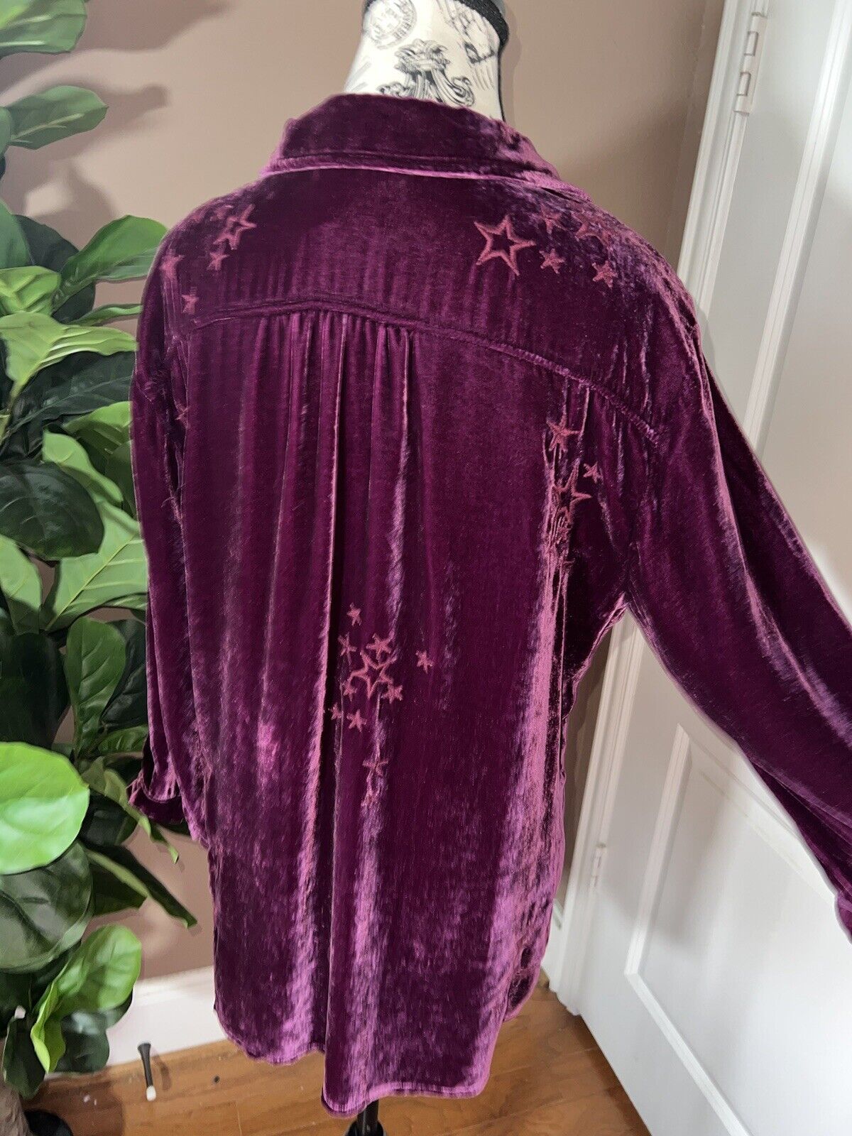 Johnny Was Sz XL Burgundy Wine Velvet Peplum Tunic Top Tonal Embroidery