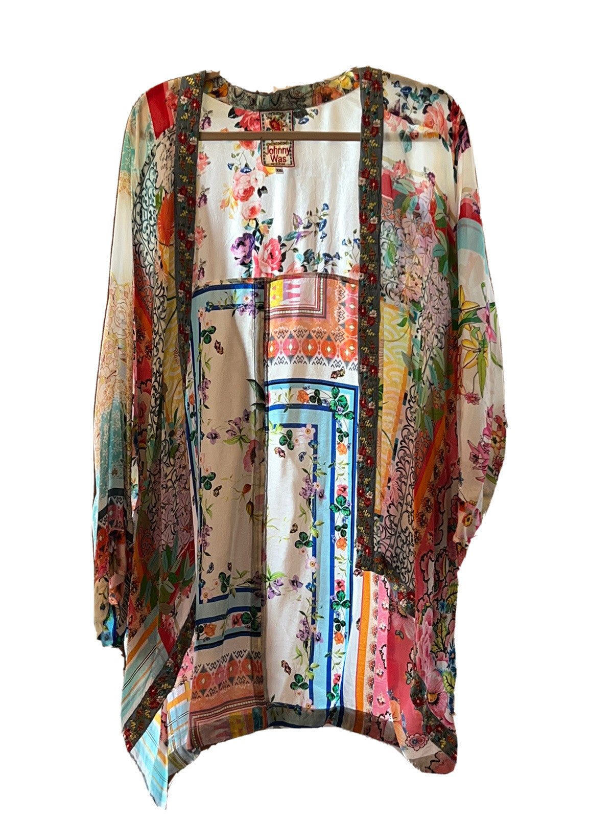 Johnny Was XL Silky Kimono Lightweight Cool Jacket Wrap Embroidered Pockets BOHO Johnny Was