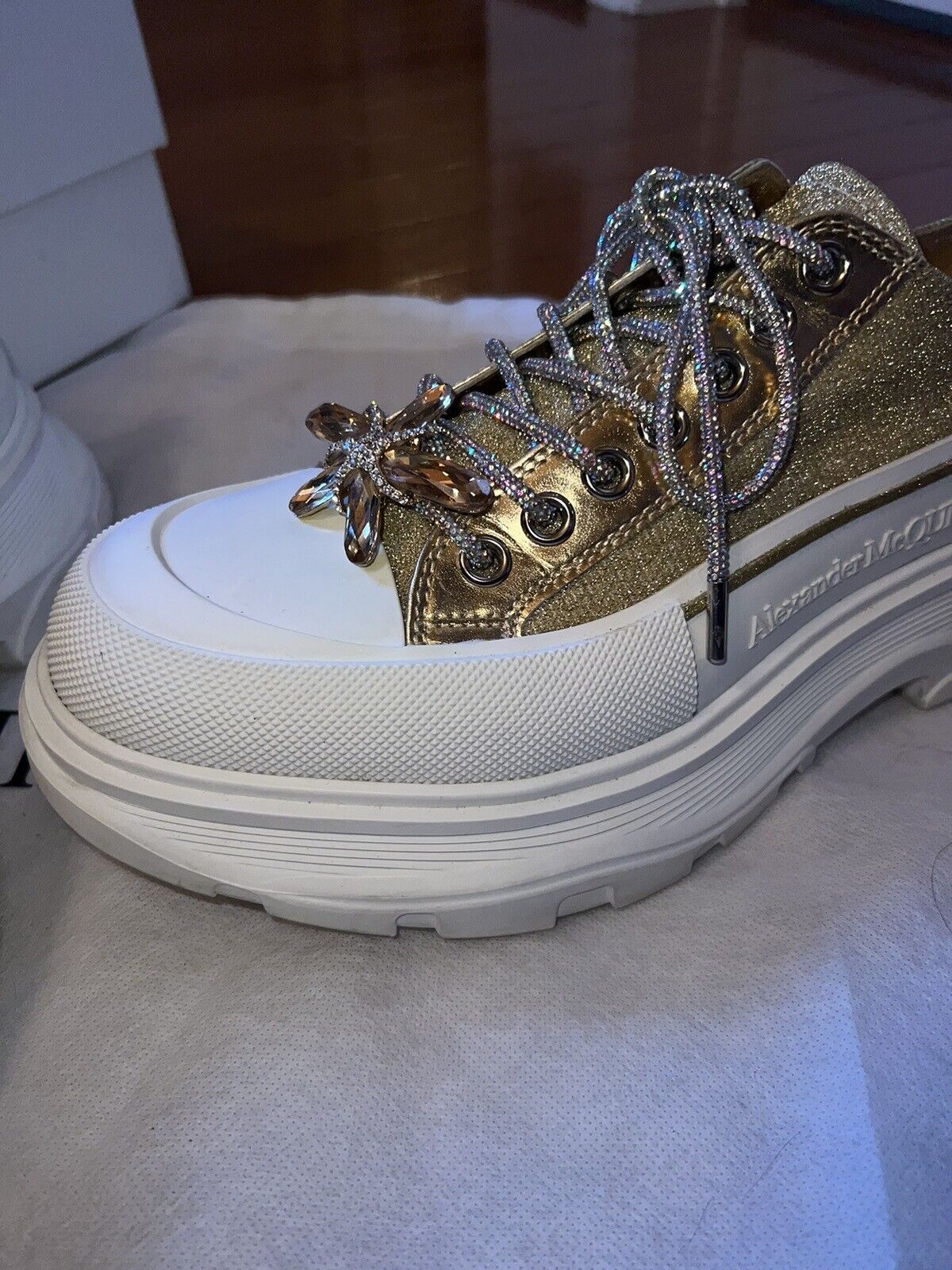 Alexander McQueen Tread Slick Gold Glitter Sneakers Retail $1180 Sz 42 US 10