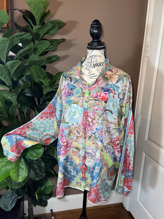 Johnny Was 100% Silk Long Sleeve Tunic Top Button Up Blouse Sz XL 1X 1XL