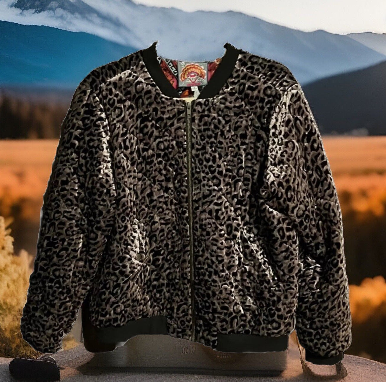 Johnny Was M Velvet Leopard Print Bomber Jacket Coat 100% Silk Lining Animal Johnny Was