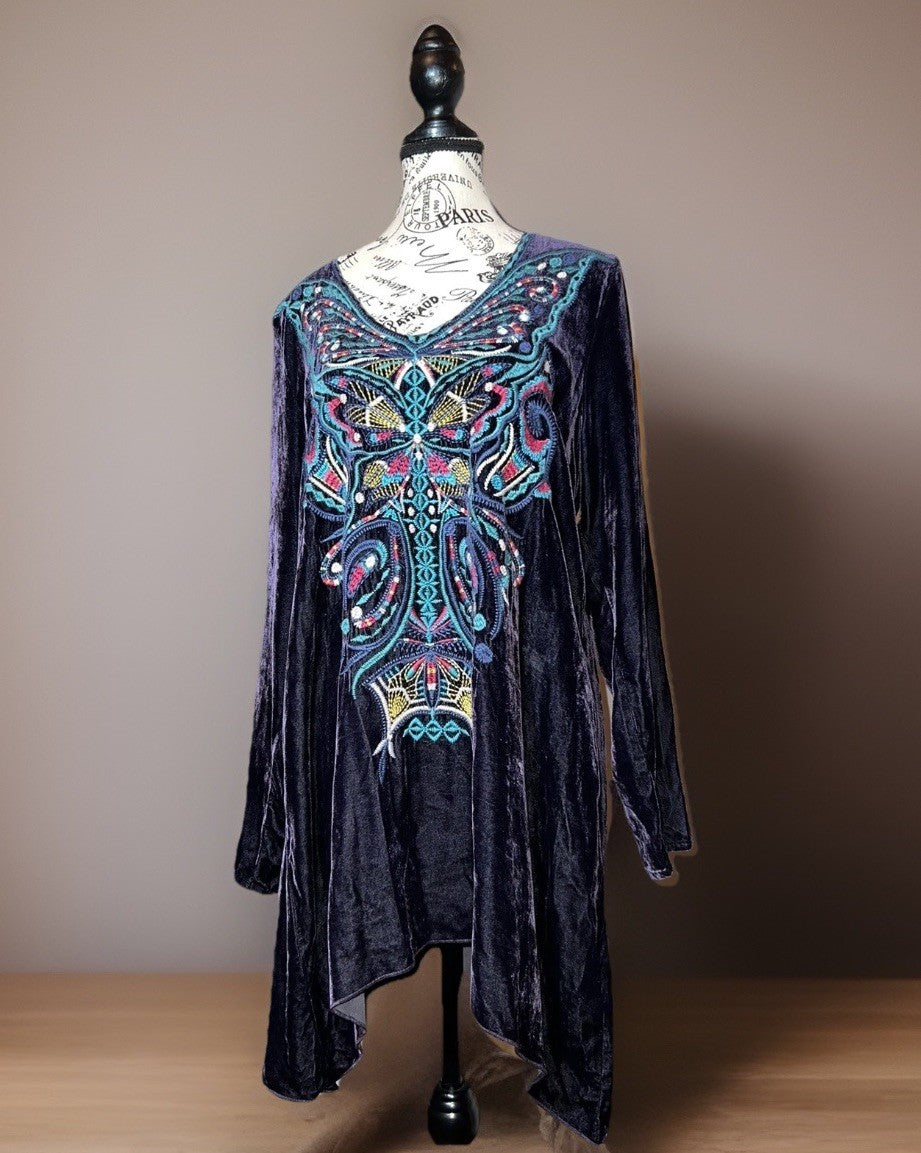 Johnny Was M Deep Purple Velvet Mini Shift Dress Butterfly Embroidered Tunic Top Johnny Was