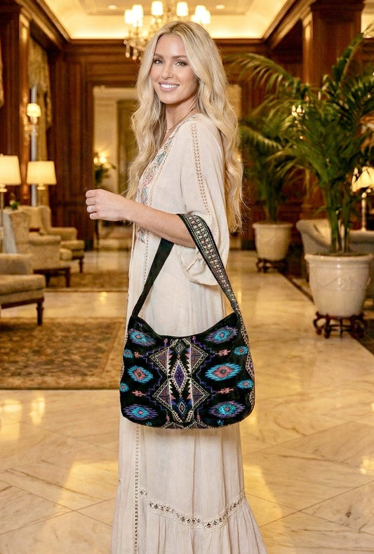 Johnny Was Large Black Velvet Hobo Bag Tote Purse Embroidered Crossbody Johnny Was