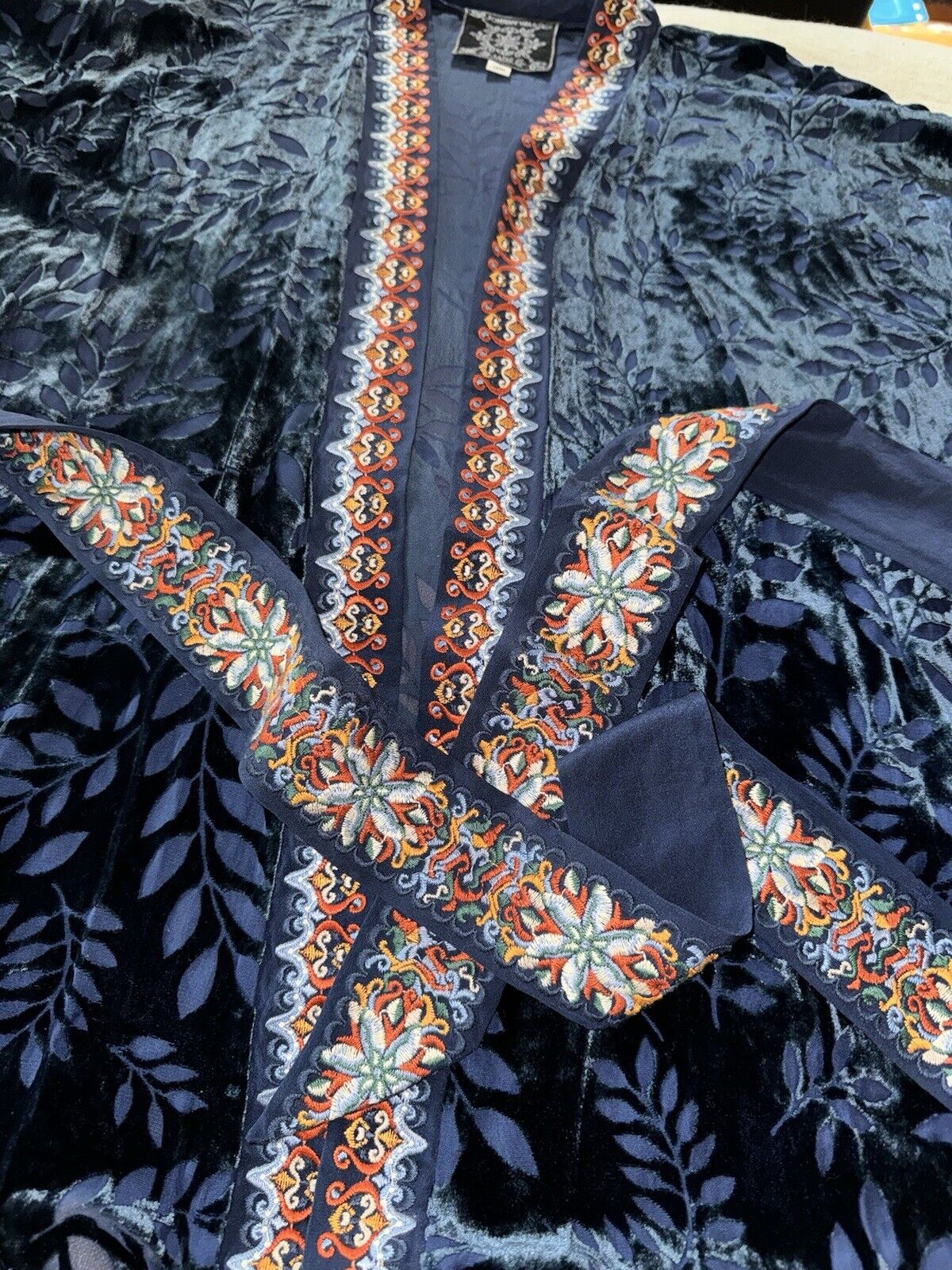 Johnny Was Blue Burnout Velvet Sz L Large Luxurious Wrap Kimono Jacket