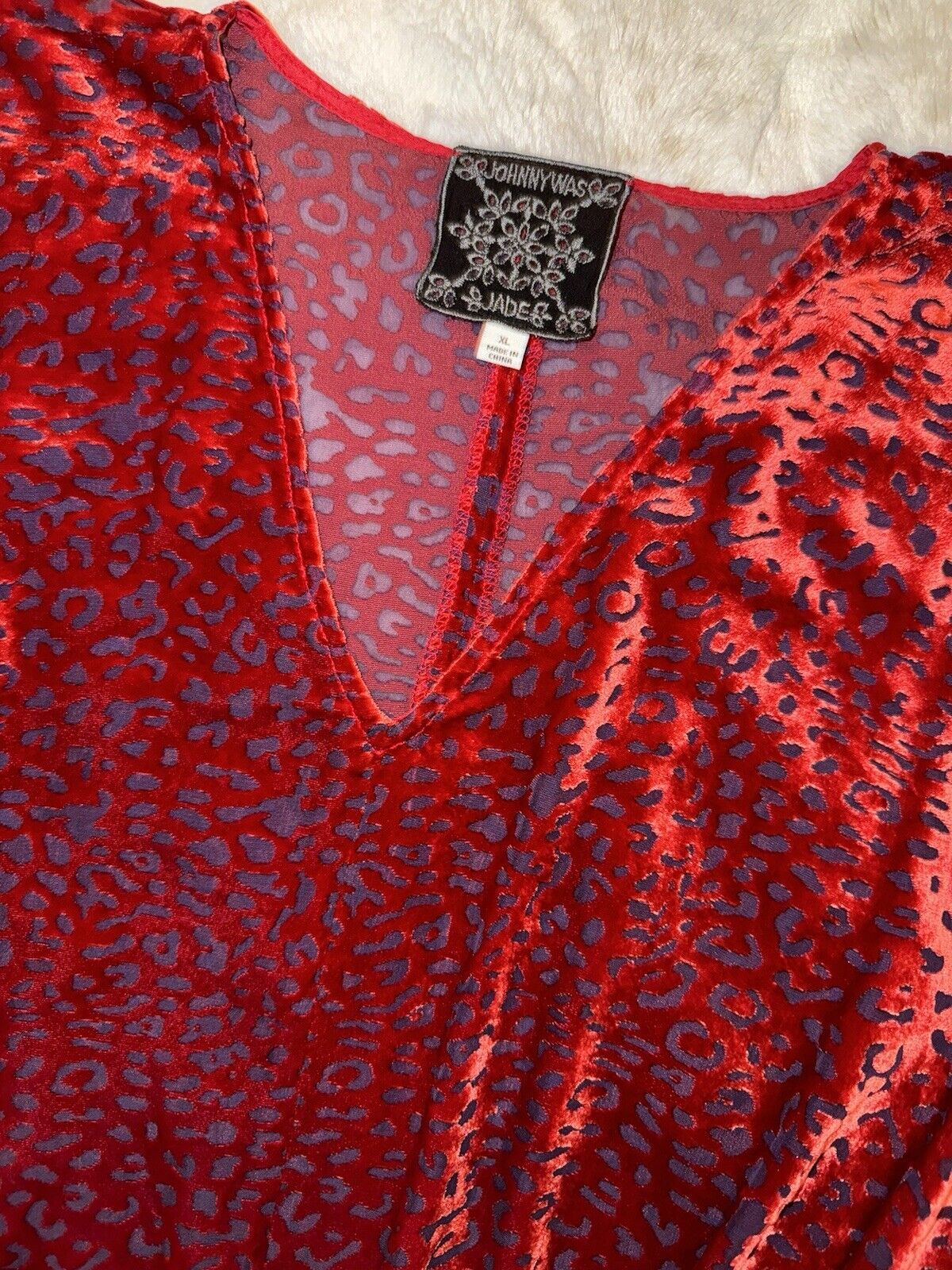 Johnny Was XL 1X Burnout Velvet Red & Blue Gathered Animal Print Blouse Top