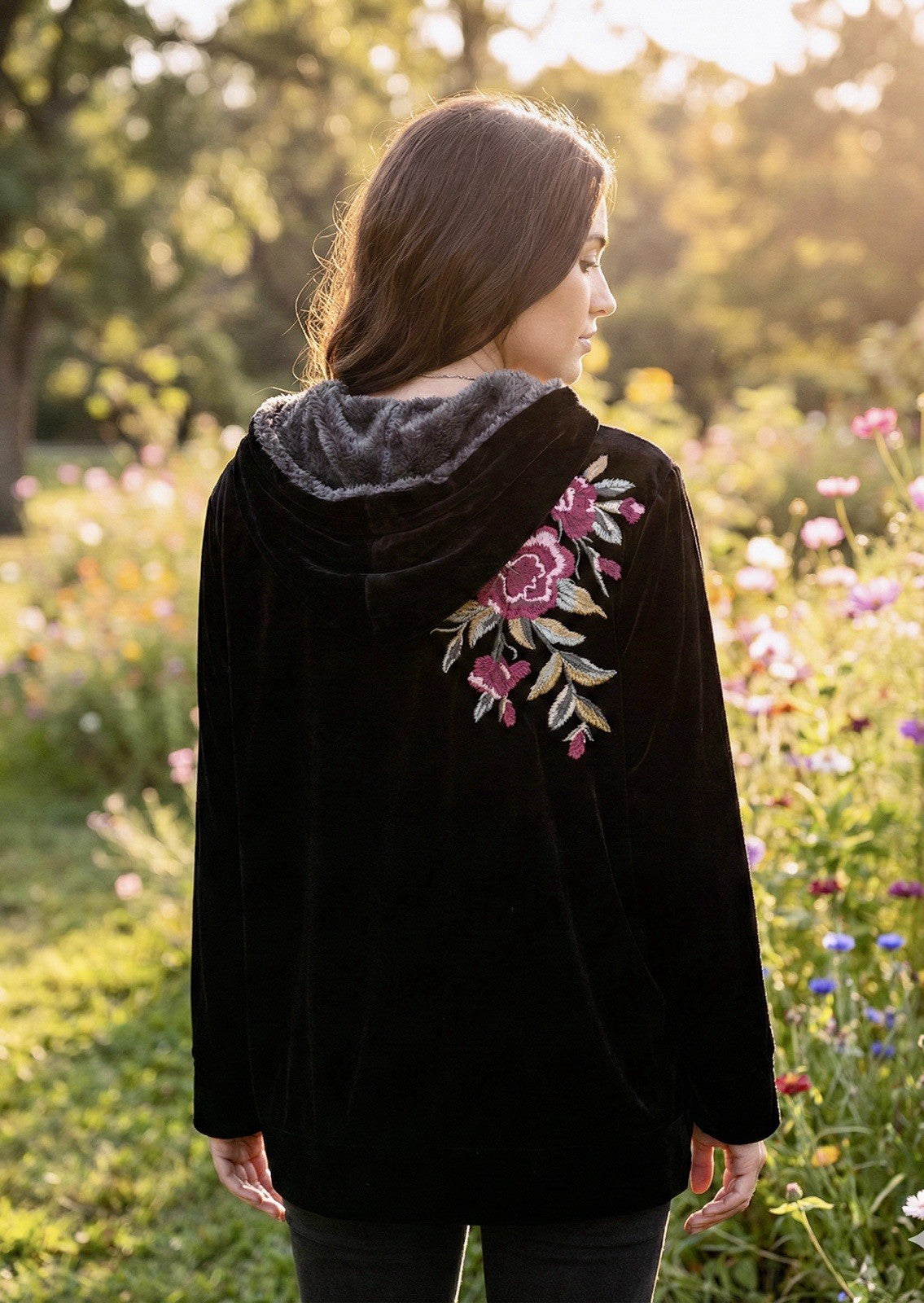 Johnny Was 1X Plus Black Velvet & Fur Hoodie Pullover Top Tunic Embroidered Johnny Was