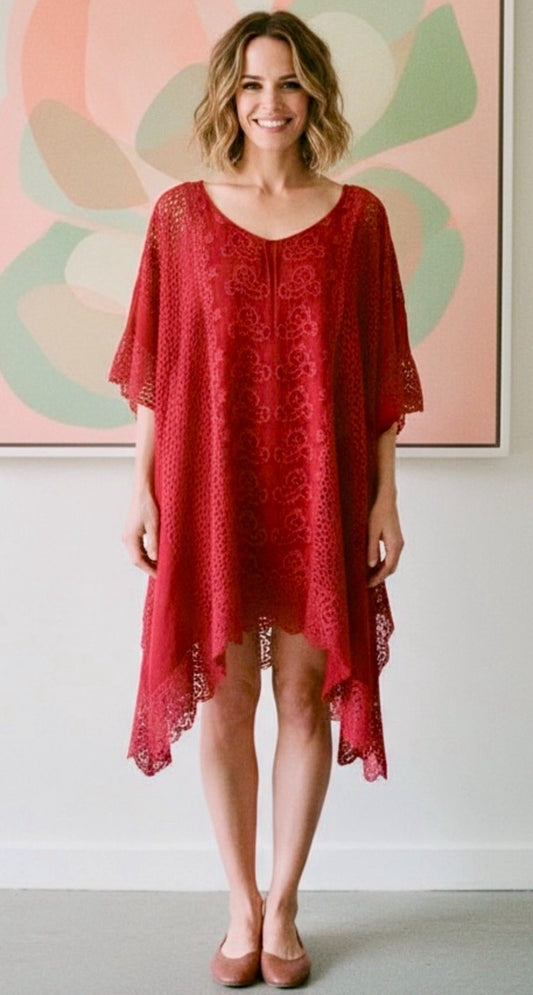 Johnny Was 1X Plus Christmas Red Tunic Mini Dress Tonal Embroidery & Eyelet Lace Johnny Was