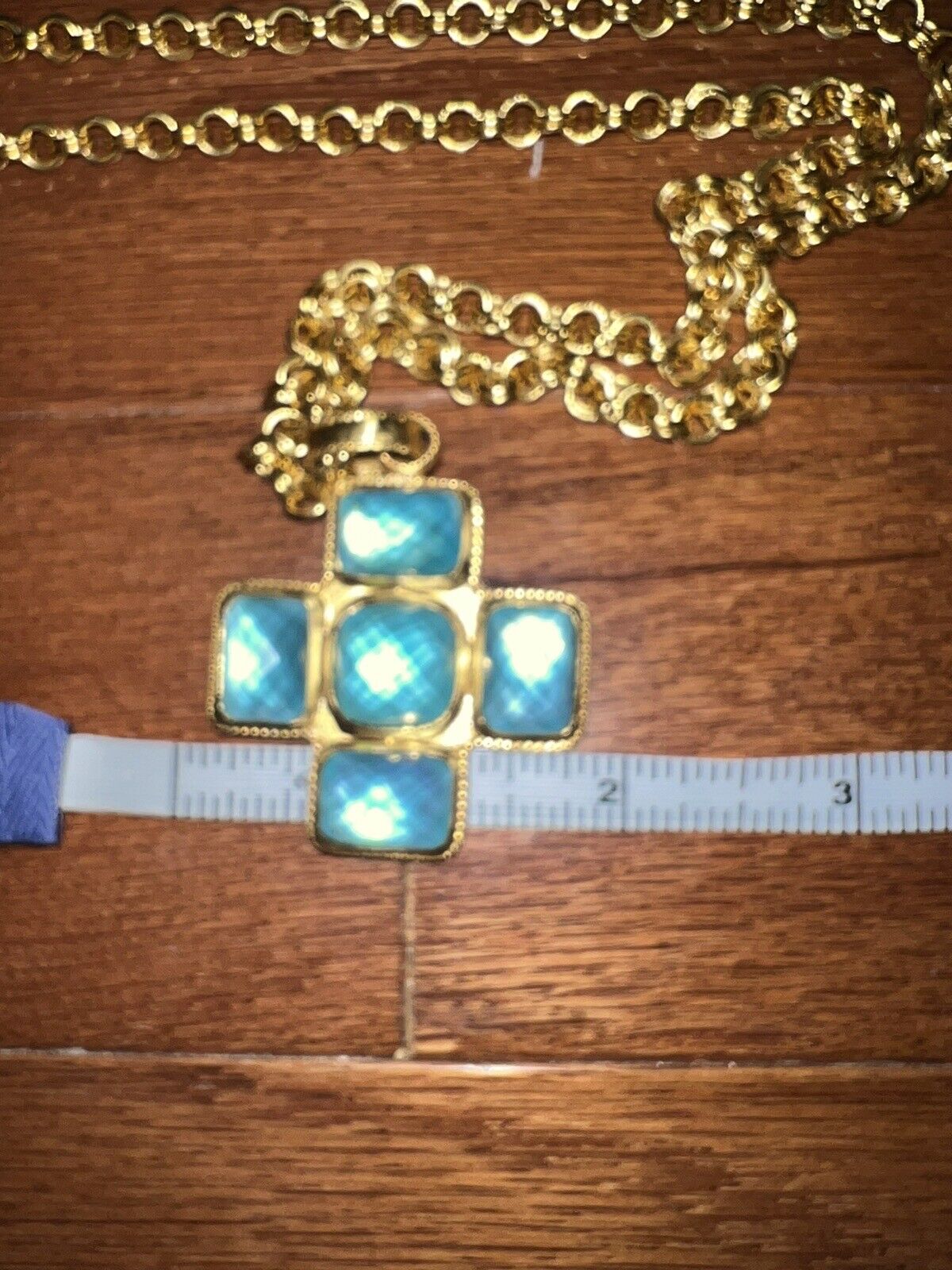 Julie Vos Heavy Link Necklace & Blue Iridescent Crystal Cross Pendant