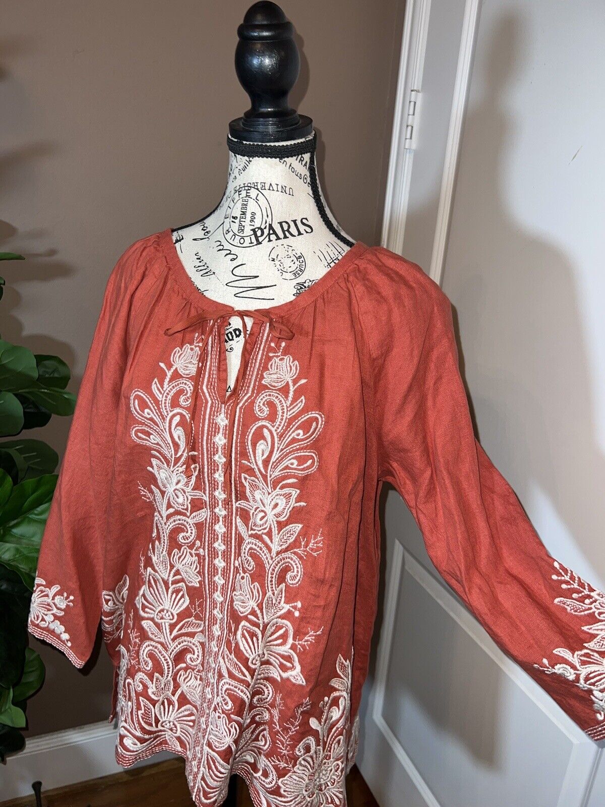 Johnny Was L Large Linen Kimono Sleeve Peasant Top Floral Embroidered