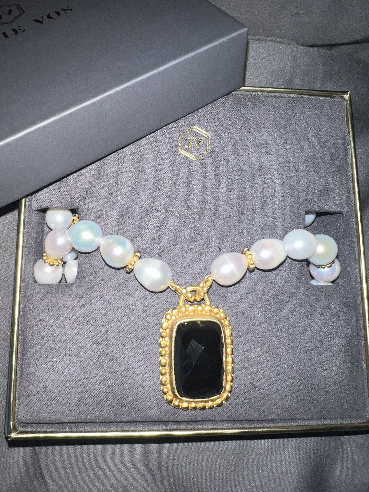 Julie Vos Freshwater Pearl & Obsidian 24k Gold Plate Statement Necklace WOW! Julie Vos