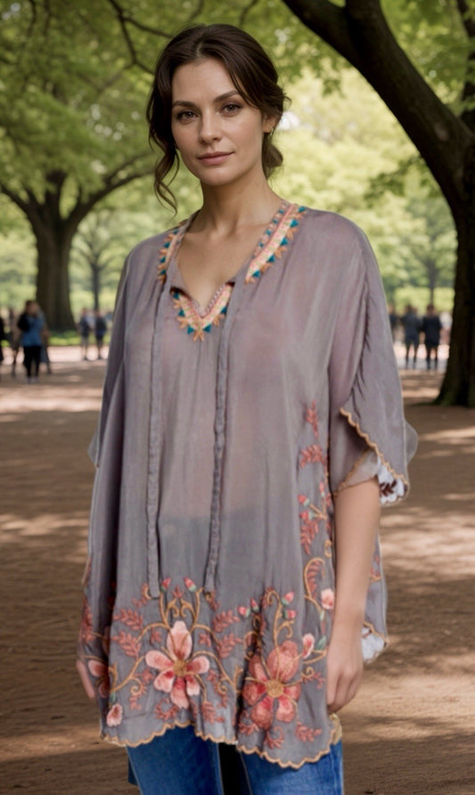 Johnny Was M Silky Kimono Poncho Wrap Top Cover Up Gold Embroidery PitPit 31” Johnny Was